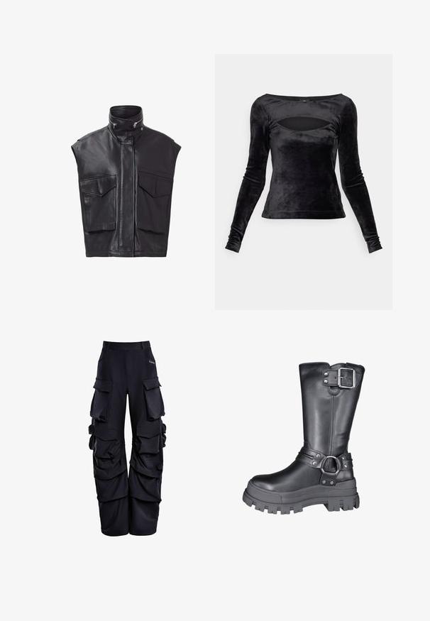 Sorte lædervest uden ærmer, med høj krave, frontlynlås og to store brystlommer. Glat tekstur med minimalistisk design.; Sort langærmet bluse lavet af blød velour, med en scooped halsudskæring og udskæringsdetalje samt en tætsiddende silhuet. Glat tekstur hele vejen igennem.; Sorte cargo bukser lavet af struktureret stof, med flere store lommer, en afslappet pasform og fornæbbede detaljer langs siderne.; Sorte læderknæhøje støvler med en kraftig sål, sølvspænde detalje og en rem med et cirkulært element. Glat tekstur og solidt design.
