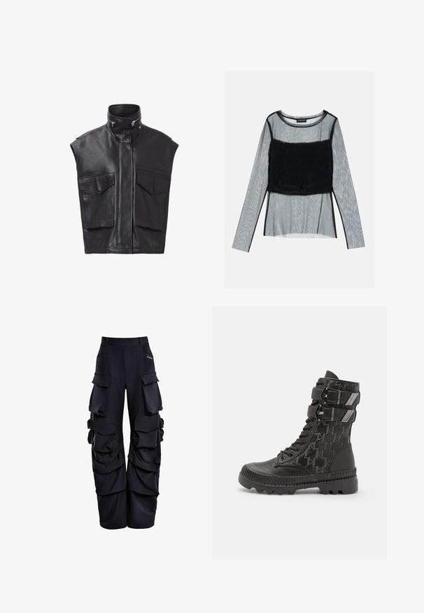 Sorte lædervest uden ærmer, med høj krave, frontlynlås og to store brystlommer. Glat tekstur med minimalistisk design.; Sort mesh langærmet top med en tætsiddende rynket skærm og en tekstureret overlay, rund halsudskæring og gennemsigtige ærmer.; Sorte cargo bukser lavet af struktureret stof, med flere store lommer, en afslappet pasform og fornæbbede detaljer langs siderne.; Sorte kampstøvler med en tekstureret overdel, der har et hundetandmønster, to justerbare remme og en robust sål.