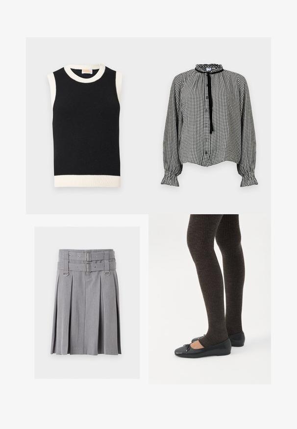 Top en tricot sans manches noir avec un col côtelé blanc, des bords de manches et un ourlet, étiqueté "From Future".; Blouse à manches longues en vichy noir et blanc avec col et poignets à volants, boutonnage sur le devant, et un ruban noir noué au cou.; Jupe plissée grise à fines rayures avec double ceinture et détails de boucles argentées, présentant des accents anneaux en D à la taille.; Jambes portant des leggings côtelés foncés associés à des ballerines noires avec de petits détails en nœud sur fond blanc.