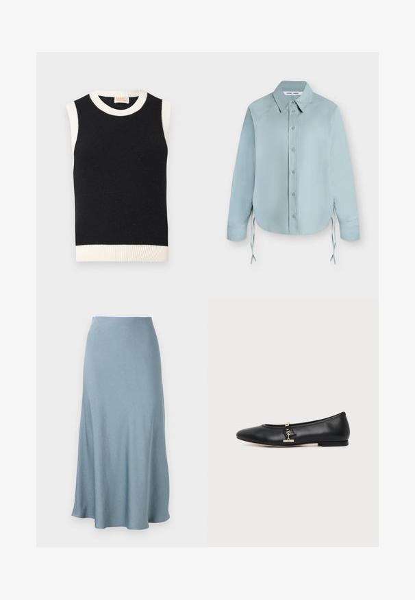 Top en tricot sans manches noir avec un col côtelé blanc, des bords de manches et un ourlet, étiqueté "From Future".; Chemise bleu clair à manches longues boutonnée avec col pointu et liens latéraux, présentée à plat sur fond blanc.; Jupe en satin bleu clair, longueur cheville, légèrement évasée avec une taille haute, présentée sur un fond blanc uni.; Chaussure plate en cuir noir avec bout arrondi et petit détail de boucle dorée sur le côté, présentée sur un fond clair uni.