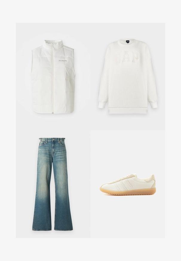 Valkoinen Columbia-padded ilmanhiha, jossa on etuvetoketju ja pystysuora kaulus, tikkauksella tehty neliökuvio ja logo vasemmalla rinnassa.; Valkoinen fleece-collegepaita pyöreällä kaula-aukolla, jossa on kohokuvioitu "GAP"-logo beigen sävyisenä. Pitkät hihat, joissa resorit hihansuissa ja helmassa. Pehmeä pinta.; Good American GOOD EASE ADJUSTABLE TABS - Leveälahkeiset - indigo; Matala beige tennari, jossa on tekstuurillinen kangaspäällinen, kolme valkoista nauharaitaa, beigen sävyisiä mokkanahkaisia yksityiskohtia, kumipohja ja nauhallinen suljenta.