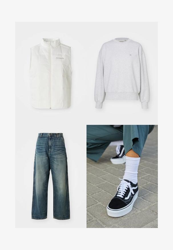 Weiße Columbia gesteppte ärmellose Weste mit Frontreißverschluss und Stehkragen, gestepptem Quadratmuster und Logo auf der linken Brust.; Carhartt WIP CASEY - Sweatshirt - ash heather/silver; Weite Denim-Jeans in einem ausgewaschenen Blauton. Verfügbar mit einem Knopfverschluss, fünf Taschen und sichtbaren Nähten. Das Material hat eine glatte Textur.; Schwarze Wildledersneaker mit weißen Akzenten und Schnürsenkeln, ausgestattet mit einer dicken weißen Sohle und kontrastierenden Nähten, kombiniert mit einer weißen Socke.