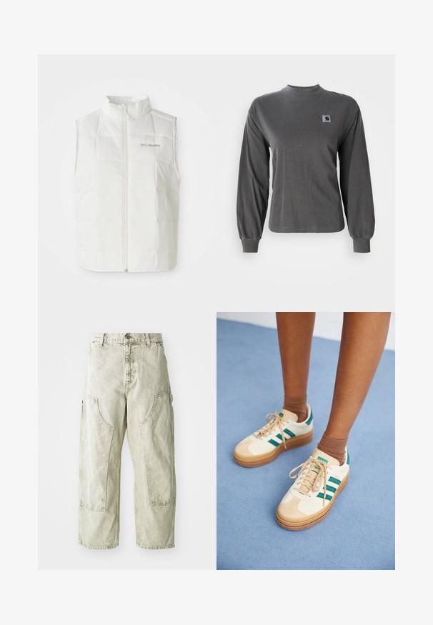 Chaleco sin mangas acolchado blanco de Columbia con cremallera frontal y cuello alzado, patrón cuadrado enrollado y logo en el lado izquierdo del pecho.; Camiseta de manga larga gris hecha de algodón, con cuello redondo y puños elásticos, que cuenta con un pequeño logo cuadrado en el pecho.; Pantalones cargo de pierna ancha en verde claro, hechos de denim, con grandes bolsillos laterales, cierre de botón y cremallera, y detalles de costura visibles.; Zapatillas color beige con rayas verde oscuro, suela de goma, parte superior de ante y textil, y accesorios en color neutro, acompañadas de calcetines marrones sobre una superficie azul clara.