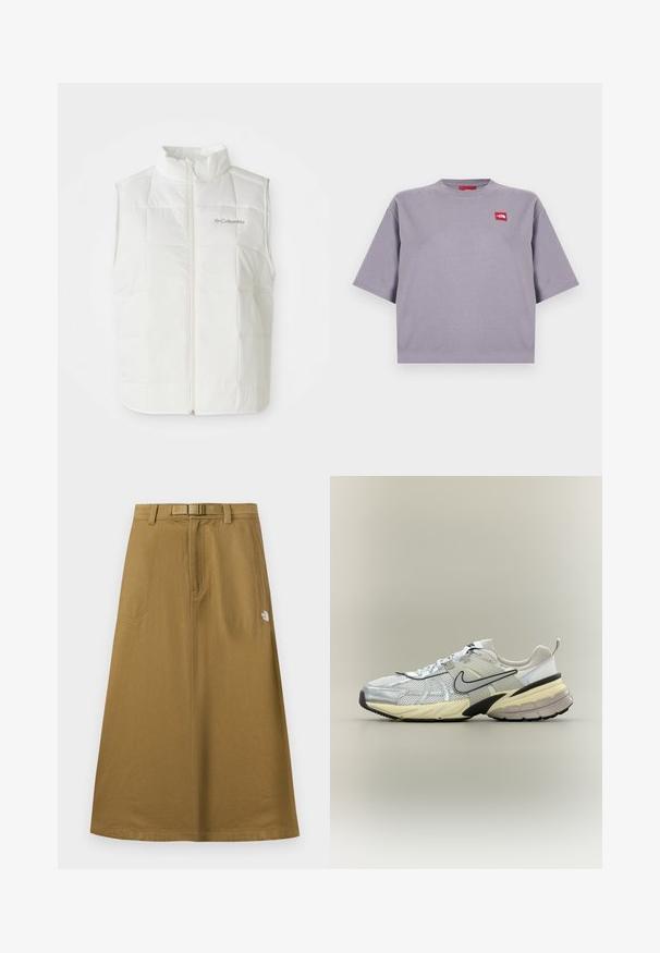 Chaleco sin mangas acolchado blanco de Columbia con cremallera frontal y cuello alzado, patrón cuadrado enrollado y logo en el lado izquierdo del pecho.; Camiseta de manga corta, ajuste holgado, de color gris claro, con cuello redondo y un pequeño parche de logo rectangular rojo en el lado superior izquierdo del pecho.; Falda exterior larga y marrón claro con bolsillos frontales, cinturón integrado y logo de The North Face en el lado derecho.; Zapatilla Nike blanca y gris con parte superior de malla, logo swoosh negro, entresuela beige y suela negra sobre un fondo claro.