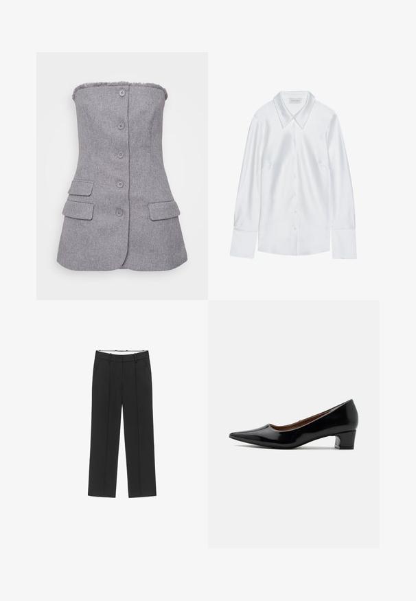 Grå, stropløs blazer med tekstureret stof, seks knapper foran og to forlommer. Rå kant detalje ved halsen. Tilpasset pasform.; Hvid langærmet skjorte med klassisk krave, med knaplukning fortil og glat tekstur, lavet af letvægtigt stof med en subtil glans.; Sorte bukser med vide ben, fladt frontstykke, to sidelommer og bæltestropper. Fremstillet af et glat, let stof.; Sort lavhælet pumpe i laklæder med spids tå og buet blokhæl, vist i profil på en ensartet lys baggrund.