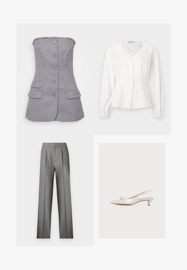 Sivý blazer bez ramienok s textúrovanou látkou, šesť gombíkov vpredu a dve predné vrecká. Ofráknutý detail na výstrihu. Prispôsobený strih.; Biela blúzka s dlhými rukávmi a výstrihom do V, zapínanie na gombíky vpredu, priliehavý pás a elastické manžety, zobrazená na jednofarebnom pozadí.; Sivé nohavice na mieru s plisovaným predným dielom, rovnými nohavicami a jemnou textúrou. Majú pás s pútkami na opasok a bez viditeľných vreciek.; Lesklá béžová slingback topánka so špicatou špičkou, nízkym kitten opätkom a malou kovovou prackou pri špičke.