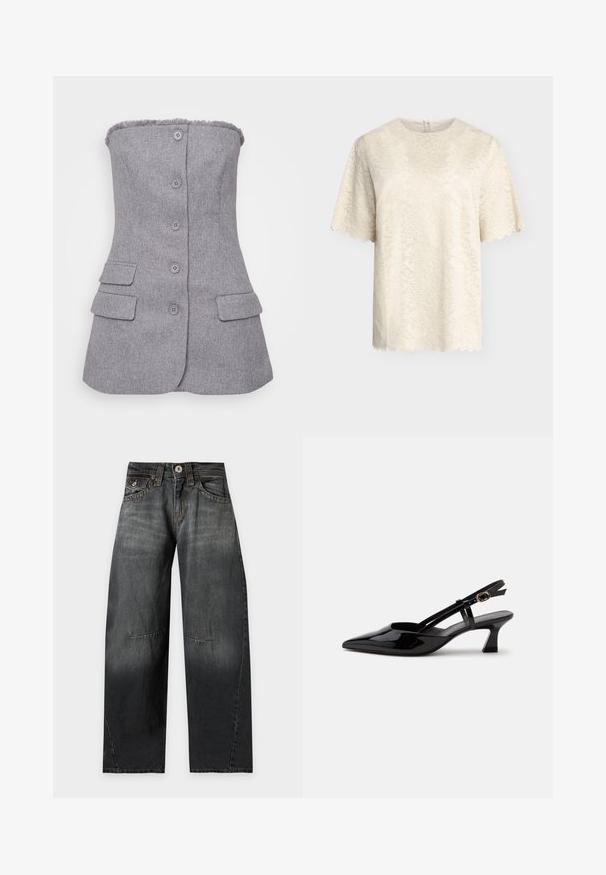 Grijze, strapless blazer van textuurstof, met zes knopen aan de voorkant en twee voorkruiken. Geverfd detail bij de halslijn. Aansluitende pasvorm.; Crèmekleurige kanten blouse met korte mouwen, bloemenpatroon, geschulpte randen en ronde halslijn, getoond tegen een effen achtergrond.; Zwarte jeans met wijde pijpen, knoopsluiting, voor- en achterzakken en zichtbare naaddetails op de benen.; Zwarte lakleren slingback kitten heel schoen met spitse neus en verstelbare gouden gespsluiting op een witte achtergrond.