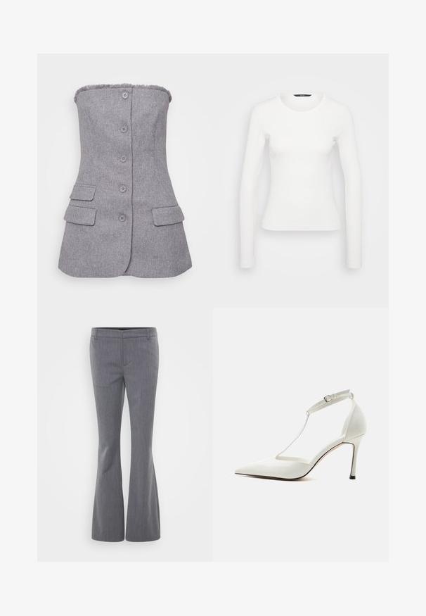 Sivý blazer bez ramienok s textúrovanou látkou, šesť gombíkov vpredu a dve predné vrecká. Ofráknutý detail na výstrihu. Prispôsobený strih.; Biely dlhý rukáv rebrované tričko s okrúhlym výstrihom a priliehavým strihom. Hladká textúra s jednoduchým dizajnom, bez vzorov alebo akcentov.; Gina Tricot Tall RELAXED TROUSERS - Nohavice - grey melange; Biela vysoká podpätka so špicatou špičkou, tenkým remienkom na členok a prackou, hladkým povrchom a štíhlym ihličkovým podpätkom na jednoduchom pozadí.