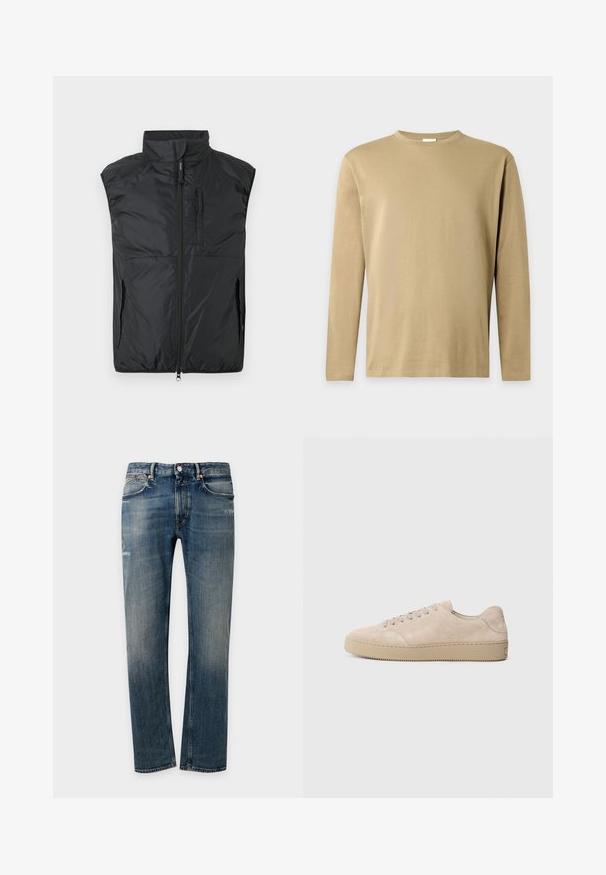 Veste matelassée noire sans manches avec col montant, fermeture éclair à l'avant, et poches zippées sur la poitrine et les côtés, sur un fond uni.; T-shirt beige à manches longues avec col rond, au design simple et uni sur un fond gris clair.; Jean en denim bleu délavé à coupe droite, avec fermeture avant par bouton et zip, poches avant et arrière, et détails subtilement usés.; Baskets en daim beige avec un bout rond, des lacets plats et une semelle en caoutchouc texturé. Design minimaliste avec des bords lisses et des coutures discrètes.