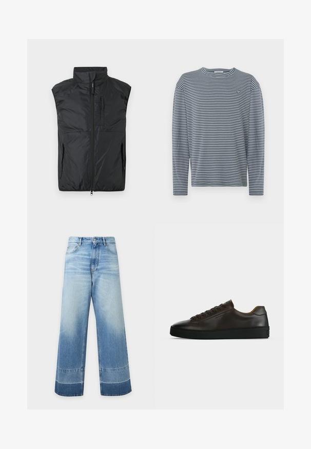 Veste matelassée noire sans manches avec col montant, fermeture éclair à l'avant, et poches zippées sur la poitrine et les côtés, sur un fond uni.; Chemise à manches longues à rayures bleu foncé et blanches, réalisée en tissu doux. Elle présente un col rond et un petit détail logo sur la poitrine.; Jean en denim bleu clair à coupe large avec des détails délavés et des blocs de couleur plus foncés près de l'ourlet, bouton devant et poches visibles.; Baskets basses en cuir marron foncé avec semelle en caoutchouc noire, lacets à l'avant et design minimaliste épuré sur fond clair.