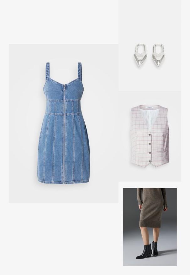 Chaleco gris claro con patrón de cuadrícula rosa, escote en forma de V, seis cierres de botones plateados y dos bolsillos frontales. Fabricado en tela texturizada.; Vestido de mezclilla con tirantes de espagueti, cremallera frontal, cuerpo estructurado y costuras verticales. Color azul claro con una textura suave.; Botines negros de cuero hasta el tobillo con punta afilada, tacón grueso y detalles de costura en zigzag, combinados con un vestido de punto marrón con canalé.; Candados en forma de corazón de plata con inscripciones grabadas de "SÍ" y "NO", acabado pulido, diseño simétrico y un robusto cierre de metal.