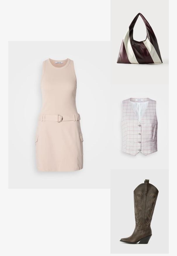 Lichtgrijze vest met roze ruitpatroon, V-hals, zes zilveren knoopsluitingen en twee zakken aan de voorkant. Gemaakt van gestructureerde stof.; Mouwloze beige jurk met een ribbelachtige top, ceintuur in de taille met een zilveren gesp en twee zijvakjes. Gladde textuur, casual ontwerp.; Bruine leren cowboylaars met een spitse neus, wiggenhak en decoratieve borduursels. Heeft een hoge schacht en een trekriem.; Grote driehoekige leren handtas met brede diagonale strepen in donkerbruin, bordeaux en crèmekleuren tegen een effen achtergrond.