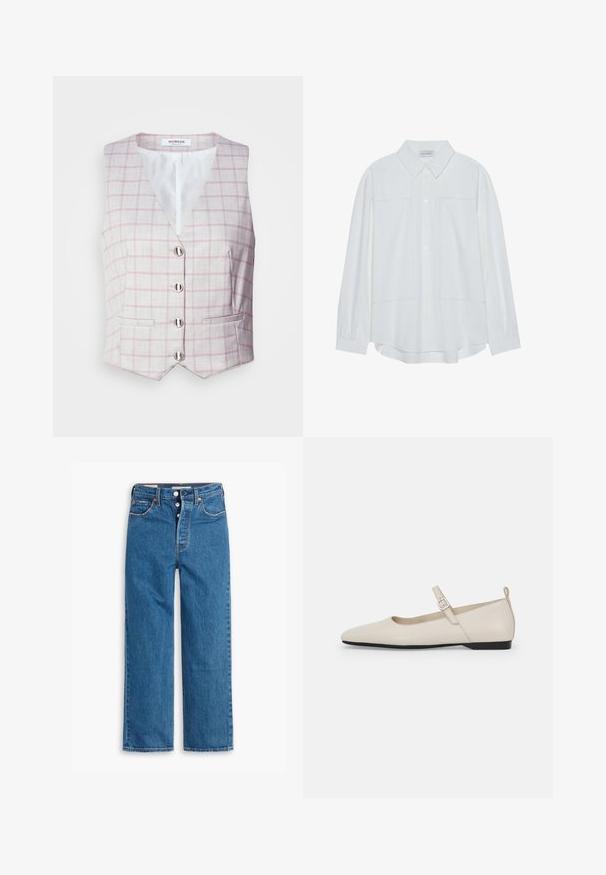Lys grå vest med pink rutemønster, v-hals, seks sølvknaplukninger og to forlommer. Lavet af tekstureret stof.; Hvid langærmet skjorte med knapper lavet af et glat stof, med en klassisk krave, to forlommer og sammensnørede manchetter.; Blå denim lige ben jeans med høj talje, fem lomme design og knaplukning. Markante syninger og kobberfarvede nitter.; Hvide ballerinasko i læder med spids tå, ankelsnor og lav sort hæl. Glat tekstur med minimale detaljer.