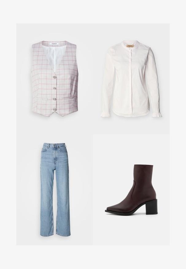 Lichtgrijze vest met roze ruitpatroon, V-hals, zes zilveren knoopsluitingen en twee zakken aan de voorkant. Gemaakt van gestructureerde stof.; Witte blouse met lange mouwen, bandkraag, verborgen knopenlijst, subtiele verticale strepen en gerimpelde manchetten, weergegeven op een effen achtergrond.; Lichtblauwe high-waisted jeans met een rechte pijp, gemaakt van denim, met een sluiting aan de voorkant met knopen en subtiele vervagingdetails.; Zign by Zalando LEATHER - Lage laarzen - bordeaux