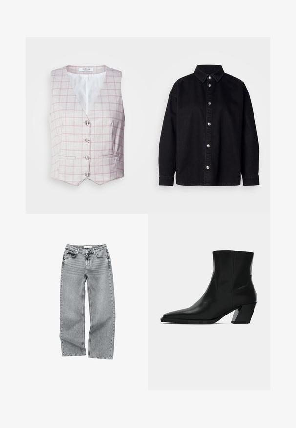 Lys grå vest med pink rutemønster, v-hals, seks sølvknaplukninger og to forlommer. Lavet af tekstureret stof.; Sort denimskjorte med knaplukning foran, klassisk krave, lange ærmer og sølvfarvede metalknapper. Standard fit med en glat tekstur.; Lysegrå jeans med høj talje og lige ben, der har fem lommer, knaplukning og diskrete falmede detaljer.; Sortlæder ankelstøvle med spids tå, en slank silhuet og en kraftig firkantet hæl. Glat tekstur med minimale stikninger.