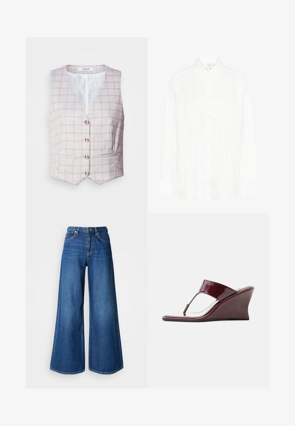 Lichtgrijze vest met roze ruitpatroon, V-hals, zes zilveren knoopsluitingen en twee zakken aan de voorkant. Gemaakt van gestructureerde stof.; Witte blouse met lange mouwen, knoopsluiting voor, een klassieke kraag en een reguliere pasvorm. Gemaakt van gladde stof, met acht knopen aan de voorkant.; Wijde blauwe spijkerbroek van denim. Voorzien van een hoge taille, strakke lijnen en contrasterende stiksels. De pijpen lopen aanzienlijk wijd uit aan de zoom.; Glanzende bordeauxrode damessandaal met teenriem en hoekige hak, zijaanzicht op witte achtergrond.