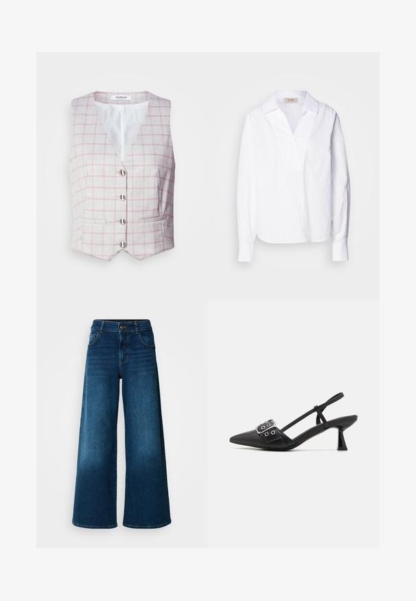 Lichtgrijze vest met roze ruitpatroon, V-hals, zes zilveren knoopsluitingen en twee zakken aan de voorkant. Gemaakt van gestructureerde stof.; Witte langemouwenshirt van lichtgewicht textuurstof, met een V-halslijn, een oversized kraag en subtiele verticale strepen.; Wijde jeans van donkerblauwe denim. Heeft een hoge taille, knoopsluiting en klassiek vijf-vakken ontwerp met subtiele vervaging.; Simmi London DALA - Klassieke pumps - black
