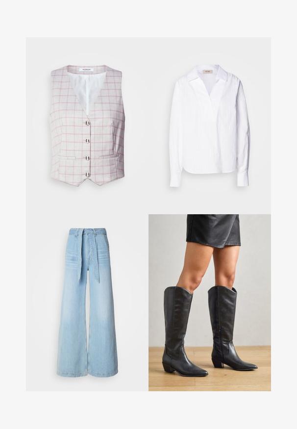 Lys grå vest med pink rutemønster, v-hals, seks sølvknaplukninger og to forlommer. Lavet af tekstureret stof.; Hvid langærmet skjorte lavet af letvægts tekstureret stof, med V-hals, oversize krave og subtile lodrette striber.; Lysblå vid-bens jeans med høj talje, der har et bindebælte, sidelommer og en let falmet denimtekstur.; Sorte knæhøje støvler lavet af glat læder, med spidse tæer, lav blokhæle og lynlås i siden for nem påtagning.