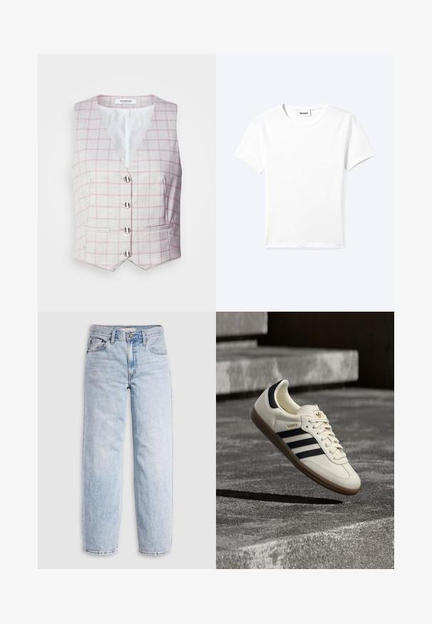 Chaleco gris claro con patrón de cuadrícula rosa, escote en forma de V, seis cierres de botones plateados y dos bolsillos frontales. Fabricado en tela texturizada.; Camiseta blanca lisa de manga corta con cuello redondo y una pequeña etiqueta "WEEKDAY" dentro del cuello, mostrada extendida sobre un fondo claro.; Jeans de mezclilla azul claro con cintura alta, corte relajado, piernas rectas y un diseño clásico de cinco bolsillos. Desgastado visible y detalles de costuras.; Zapatilla blanca Adidas Samba con franjas negras y suela de goma, flotando sobre escalones de hormigón gris texturizado.