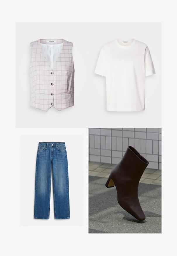 Lichtgrijze vest met roze ruitpatroon, V-hals, zes zilveren knoopsluitingen en twee zakken aan de voorkant. Gemaakt van gestructureerde stof.; Witte katoenen t-shirt met korte mouwen, ronde hals, ontspannen pasvorm en een soepele textuur; geen patronen of zichtbare hardware.; Blauwe jeans met rechte pijpen, voorzakken, riemlussen en een knoopsluiting, plat uitgestald op een witte achtergrond.; Donkerbruine leren enkellaars met blokhak staand op een getextureerd trottoir, lichte betegelde muur op de achtergrond.