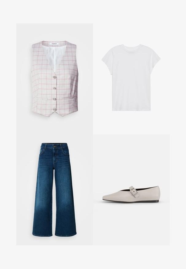 Chaleco gris claro con patrón de cuadrícula rosa, escote en forma de V, seis cierres de botones plateados y dos bolsillos frontales. Fabricado en tela texturizada.; Camiseta blanca de manga corta con cuello redondo, corte relajado, hecha de suave tela de algodón. Textura lisa, sin estampados ni logotipos.; Jeans de pierna ancha hechos de denim azul oscuro. Presentan una cintura alta, cierre de botón y un diseño clásico de cinco bolsillos con un ligero desgaste.; Zapato plano de cuero beige con punta afilada, un detalle de hebilla lateral y suela negra baja. Textura suave y diseño minimalista.