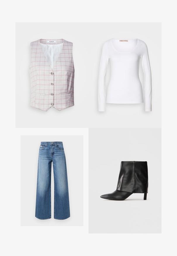 Lys grå vest med pink rutemønster, v-hals, seks sølvknaplukninger og to forlommer. Lavet af tekstureret stof.; Langærmet hvid bomulds T-shirt med rund halsudskæring og tætsiddende design, med glat tekstur og uden udsmykninger.; Blå vidde jeans i denim med knap og lynlås foran, fem-lomme stil og diskrete falmede detaljer på lår og knæ.; Sort læderstøvle til midten af læggen med spids tå, foldet øvre skaft og slank lav hæl, der står på hvid baggrund.