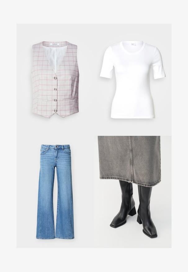 Chaleco gris claro con patrón de cuadrícula rosa, escote en forma de V, seis cierres de botones plateados y dos bolsillos frontales. Fabricado en tela texturizada.; Camiseta blanca de manga corta hecha de algodón liso, con escote redondo y forma ajustada. Diseño clásico, sin estampados ni adornos.; Vaqueros de mezclilla azul claro con cintura alta, cierre de botón y cremallera, bolsillos delanteros y piernas anchas.; Botas negras hasta la rodilla de cuero liso con punta cuadrada y tacón cuadrado. Llevadas con una falda de mezclilla gris con dobladillo desflecado.
