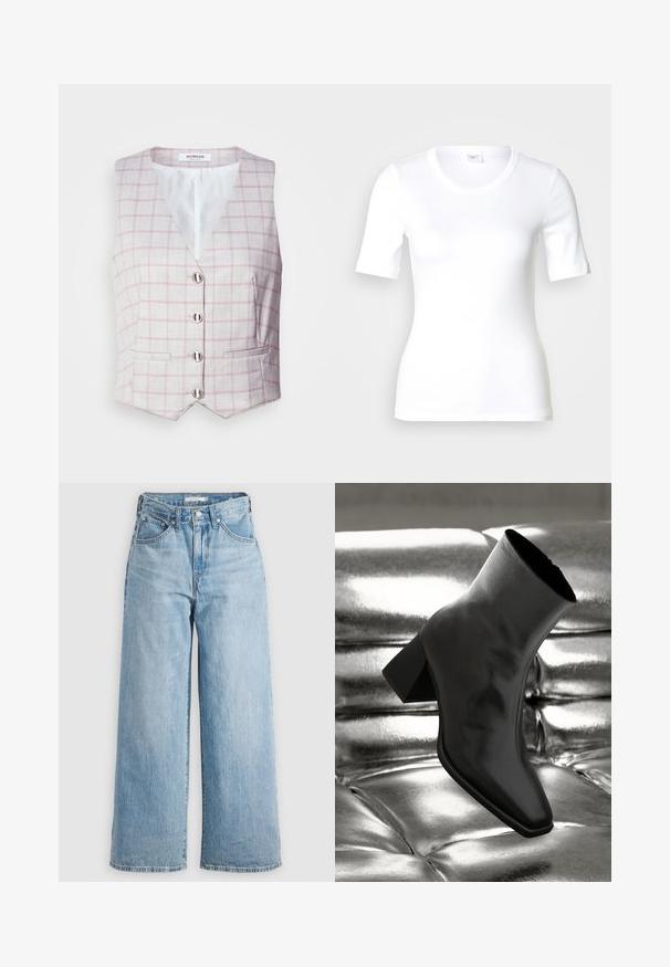 Gilet gris clair avec motif à carreaux rose, décolleté en V, six boutons en métal argenté, et deux poches avant. Fabriqué en tissu texturé.; T-shirt blanc à manches courtes en coton lisse, doté d'un col rond et d'une coupe ajustée. Design classique, sans motifs ni accents.; Jeans larges bleu clair à taille haute, fabriqués en denim. Ils possèdent un design classique à cinq poches et des accessoires en métal.; Botte noire à la cheville en matériau brillant avec un bout carré et un talon effilé, sur un fond argenté brillant et capitonné.