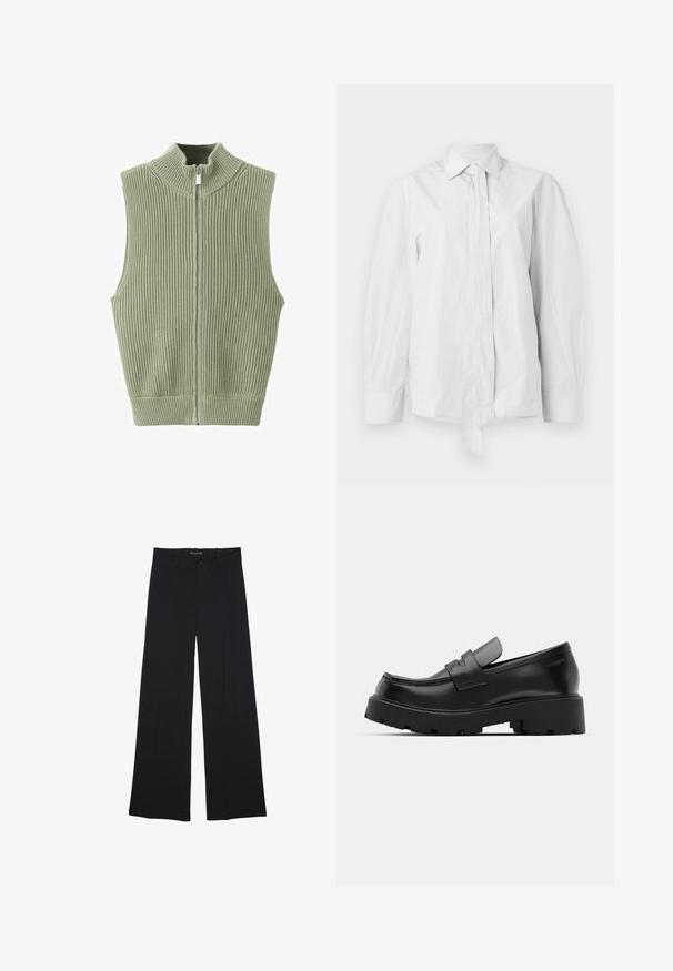 Veste sans manches en maille côtelée vert sauge avec col montant et fermeture éclair à l'avant, posée à plat sur un fond blanc.; Chemise blanche à manches longues avec un col classique et un nœud devant allongé. Fabriquée en tissu lisse, elle présente une coupe décontractée et sans motifs.; Pantalon noir à jambes larges avec passants de ceinture, bouton frontal et fermeture éclair, étalé à plat sur un fond blanc.; Mocassins en cuir noir avec une semelle épaisse et texturée, dotés d'une sangle sur le vamp et d'une finition lisse et polie.