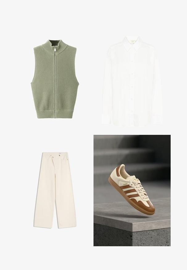 Veste sans manches en maille côtelée vert sauge avec col montant et fermeture éclair à l'avant, posée à plat sur un fond blanc.; Chemise blanche à manches longues avec col classique et coupe régulière. Fabriquée en tissu lisse, avec huit boutons sur le devant.; Pantalon large couleur écru avec poches avant, passants pour ceinture, et boutons argentés sur la ceinture et les bords des poches.; Baskets classiques avec une tige en cuir crème, des accents marron, trois bandes et une semelle en caoutchouc texturée. Elles présentent un bout arrondi et une fermeture à lacets.