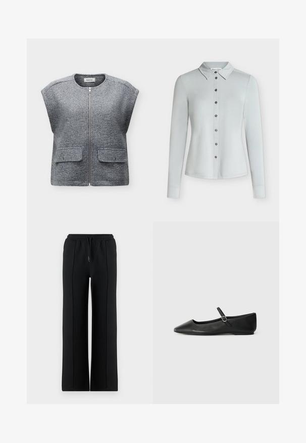 Veste sans manches en laine texturée grise avec fermeture éclair devant et deux poches à rabat avec boutons-pression, col rond, présentée à plat sur fond blanc.; Chemise gris clair à manches longues, boutonnée, avec col, sept boutons foncés sur le devant et ourlet droit.; Pantalon de survêtement noir à jambes larges avec ceinture élastique et cordon de serrage. Confectionné en tissu doux, avec des coutures avant pour plus de détails.; Ballerines en cuir noir avec un bout pointu, une semelle plate et une petite sangle à boucle autour de la cheville pour un maintien sécurisé.