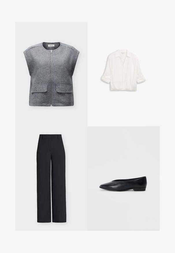 Veste sans manches en laine texturée grise avec fermeture éclair devant et deux poches à rabat avec boutons-pression, col rond, présentée à plat sur fond blanc.; Blouse blanche à manches longues avec col, boutons sur le devant et manches retroussées, présentée sur un fond uni.; Pantalon noir taille haute à jambes larges, avec passants pour ceinture et fermeture dissimulée à l'avant.; Chaussure plate en cuir noir avec un bout pointu, un léger talon surélevé et une surface lisse. Design simple sans matériel ou motifs visibles.