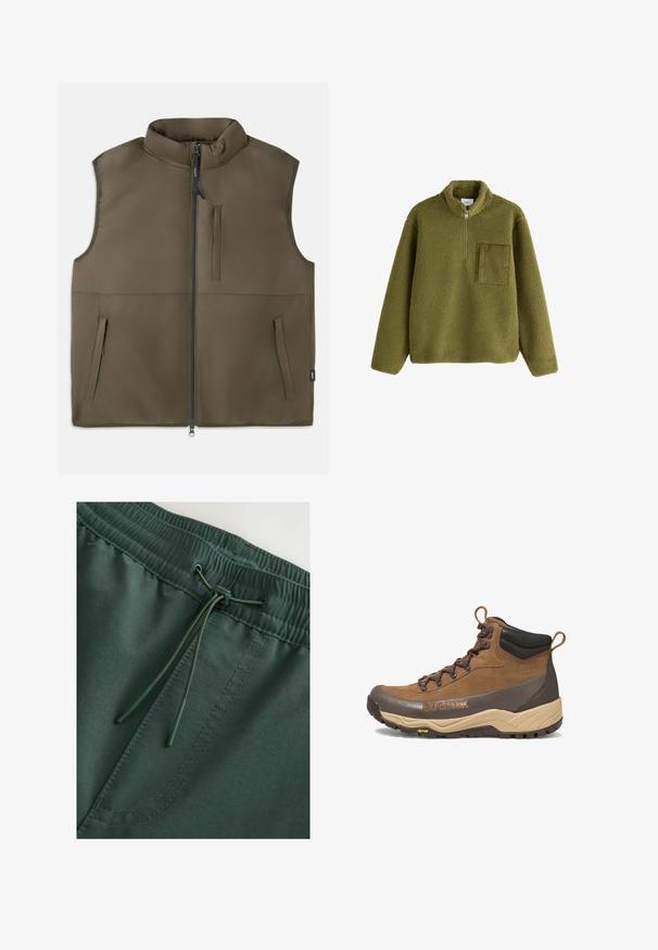 Ærmeløs brun polstret vest med frontlynlås, to nederste lommer og en lodret brystlomme, vist fladt på en hvid baggrund.; Olivengrøn fleece pullover med lange ærmer, halv lynlås foran, ståkrave og tekstureret firkantet brystlomme på venstre side.; Mørkegrønne sweat shorts med elastisk talje og snørelukning, glat tekstur og synlige stingdetaljer. Enkel, funktionel design.; Brun og beige vandrestøvle i mellem højde med sort polstret krave, Gore-Tex-logo, metaløjer og Vibram-ydersål.