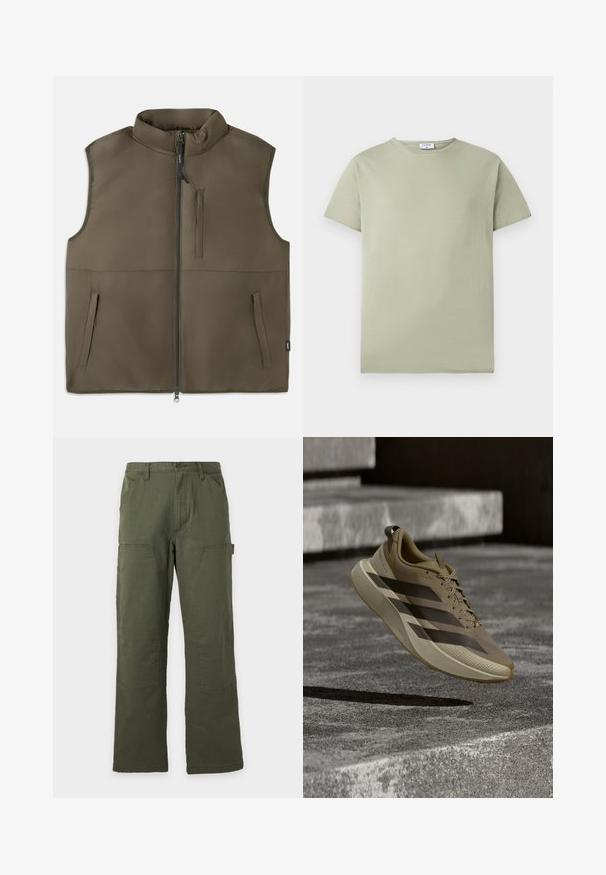 Mouwloos bruin gewatteerd vest met rits aan de voorkant, twee lagere zakken en één verticale borstzak, plat getoond op een witte achtergrond.; Lichtgroen T-shirt met korte mouwen en ronde hals, met een klein wit label aan de binnenkant van de kraag, afgebeeld tegen een effen witte achtergrond.; Olijfgroene rechtvallende broek met voor- en zijzakken, riemlussen en een knoopsluiting in de taille.; Lichtbruine hardloopschoen met donkere strepen en dikke zool die boven getextureerde stenen treden zweeft.