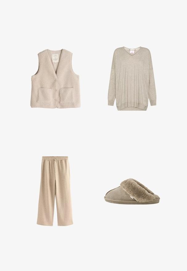 Fleecevest i lys beige, med v-udskæring, tre knapper og to forlommer. Blød tekstur med et hyggeligt, isolerende design.; Lysebeige langærmet striktrøje med V-udskæring og ribkanter ved ærmer og bund, med en let løs pasform og faldende skuldersømme.; Cremefarvede breddebenede bukser lavet af blødt bomuldsblandingsstof. Har en elastisk talje med snor og en subtil plettet tekstur.; Beige slip-on tøfler med blød, plyssede pelsforing omkring åbningen og en ydersål med ruskindslignende overflade.
