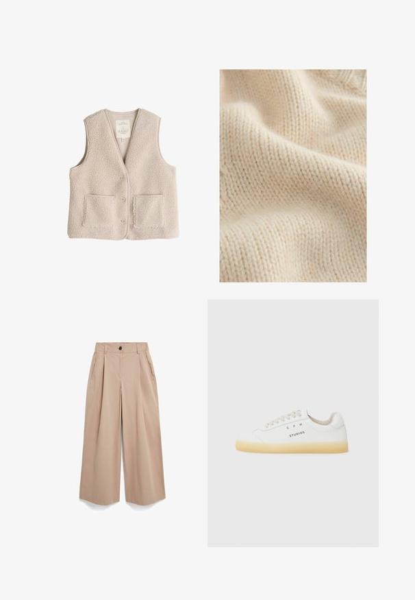 Fleece-Weste in hellem Beige, mit V-Ausschnitt, drei Knöpfen und zwei Fronttaschen. Weiche Textur mit einem kuscheligen, isolierenden Design.; Cremefarbener, gestrickter Stoff mit einer strukturierten, weichen Oberfläche, die ein sichtbares Nähmuster und leichte Variationen in der Dicke aufweist.; Beige Hosen mit weitem Bein, Falten, Seitenstaschen, Gürtelschlaufen und Knopfverschluss am Bund, auf weißem Hintergrund dargestellt.; Weiße Sneakers aus Leder mit runder Spitze, beigen Schnürsenkeln und transparenter Gummisohle; mit dem Logo "CPH STUDIOS" an der Seite.