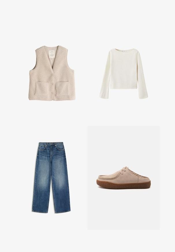 Fleece vest in lichtbeige, met een v-hals, drie knopen en twee voorkruiken. Zachte textuur met een gezellige, isolerende uitstraling.; Off-white trui met lange mouwen, brede ronde halslijn en licht uitlopende mouwen, gemaakt van zachte gebreide stof.; Blauwe spijkerbroek met wijde pijpen, voorzakken, riemlussen en vervaagde details op het dijbeen.; Beige suède instapper met bruine, getextureerde zool, ronde neus, gesloten voorkant, open hiel en minimale veters, getoond op een effen achtergrond.