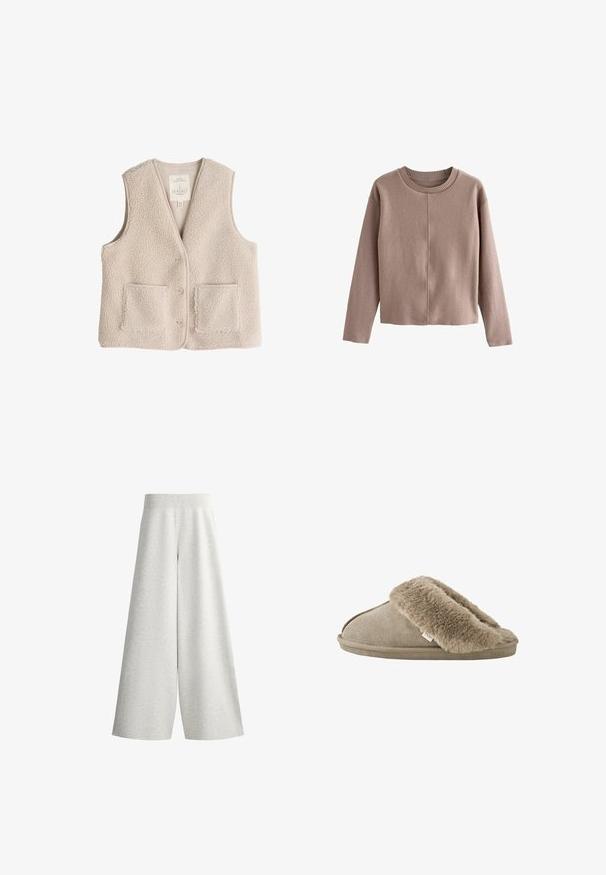 Fleece vest in lichtbeige, met een v-hals, drie knopen en twee voorkruiken. Zachte textuur met een gezellige, isolerende uitstraling.; Lichtbruine, korte trui van zachte stof, met een ronde ribbelboord en lange mouwen met een soepele textuur en minimale naden.; Lichtgrijze gebreide broek met wijde pijpen, een geribde elastische tailleband en details op de zijpanelen, getoond op een witte achtergrond.; Beige instapslof met zachte, pluche bontvoering rond de opening en een suède-achtige buitenzool.