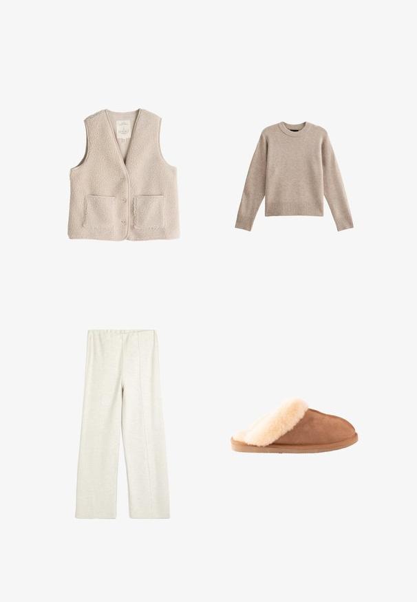 Fleece-Weste in hellem Beige, mit V-Ausschnitt, drei Knöpfen und zwei Fronttaschen. Weiche Textur mit einem kuscheligen, isolierenden Design.; Beige gestrickter Pullover mit Rundhalsausschnitt, gerippten Bündchen und Saum. Die Stoffstruktur ist weich mit einem subtilen Muster. Lässige Passform.; Koton WIDE LEG - Jogginghose - beige; Brauner Wildleder-Hausschuh zum Hineinschlüpfen mit dicker, cremefarbener Lammfellfütterung und -sohle, entwickelt für Komfort und Wärme im Innenbereich.