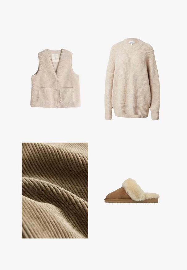 Fleece vest in lichtbeige, met een v-hals, drie knopen en twee voorkruiken. Zachte textuur met een gezellige, isolerende uitstraling.; Beige gebreide trui met een ronde hals, verlaagde schouders en geribbelde manchetten en zoom. Heeft een gestructureerde, licht losse pasvorm.; Beige geribbelde stof met een zachte textuur, met zichtbare getextureerde lijnen en een pluizig gevoel. Het materiaal heeft een warme, uitnodigende uitstraling.; Manfield Muiltjes - cognac