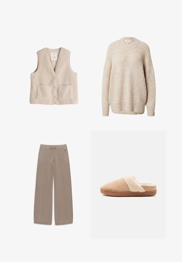 Fleece-Weste in hellem Beige, mit V-Ausschnitt, drei Knöpfen und zwei Fronttaschen. Weiche Textur mit einem kuscheligen, isolierenden Design.; Beige gestrickter Pullover mit rundem Halsausschnitt, überschnittenen Schultern sowie gerippten Bündchen und Saum. Merkmale einen strukturierten, leicht lockeren Sitz.; Beige gestrickte Hosen mit weitem Bein, Tunnelzug an der Taille und kleinem Metall-Logo auf der rechten Seite, flach auf weißem Hintergrund dargestellt.; Beiger Schlupfschuh mit weichem, flauschigem weißem Innenfutter und brauner Gummisohle, seitlich auf einfarbigem Hintergrund dargestellt.