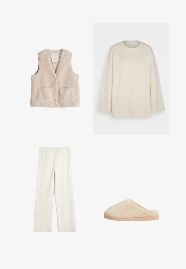 Fleece-vest i lys beige, med v-hals, tre knapper og to frontlommer. Myk tekstur med et koselig, isolerende design.; Vaaleanbeige neulepaita, joka on valmistettu pehmeästä neulekankaasta. Siinä on pyöreä kaulus, rosoiset olkapäät ja ribbireunat helmassa ja hihoissa.; Koton WIDE LEG - Verryttelyhousut - beige; Beige turkkitossut, joissa on pyöreä muoto, teksturoitu päällinen ja litteä, vaaleanvärinen kumipohja. Koristeena on hienovarainen pitsivara reunan ympärillä.