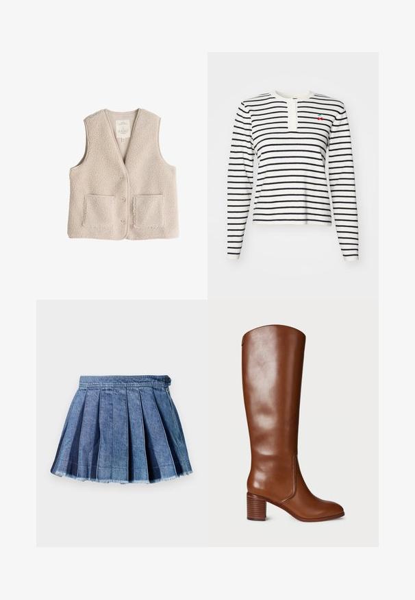 Gilet en polaire beige clair, avec un col en V, trois boutons et deux poches avant. Texture douce avec un design cosy et isolant.; T-shirt à manches longues à rayures blanches et bleu marine, avec un col henley à boutons et un petit détail cerise brodé sur la poitrine.; Mini-jupe plissée en denim bleu avec une fermeture à bouton et une fermeture éclair sur le côté, comportant un détail d'ourlet effiloché.; Botte en cuir marron montant jusqu'au genou avec un talon bloc, texture lisse, couture subtile et bout arrondi. Pas de matériel ou d'accents visibles.