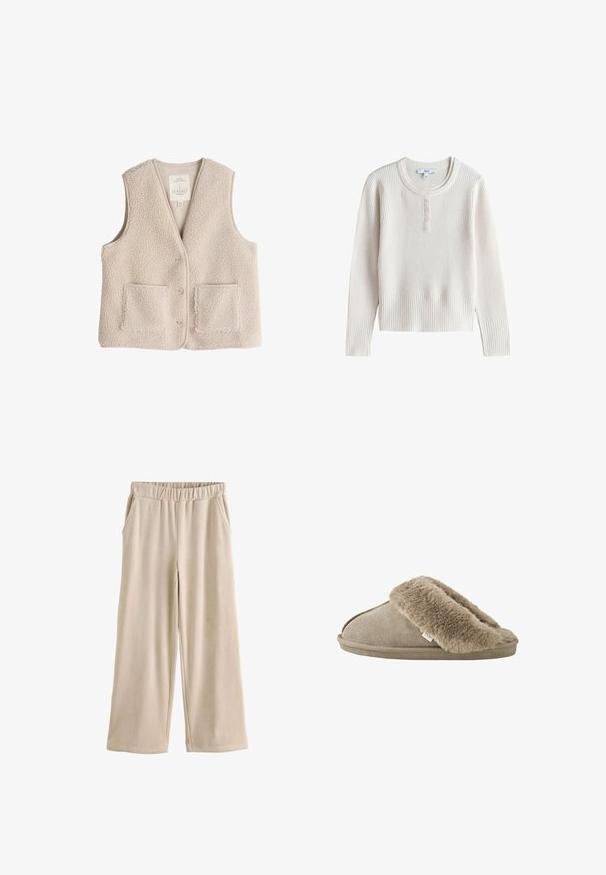 Fleecevest i lys beige, med v-udskæring, tre knapper og to forlommer. Blød tekstur med et hyggeligt, isolerende design.; Langærmet cremefarvet ribstrikket sweater med rund hals og fem små knapper på frontstolpen.; Beige bredbenede fløjlsbukser med elastik i taljen og sidelommer, vist fladt på hvid baggrund.; Beige slip-on tøfler med blød, plyssede pelsforing omkring åbningen og en ydersål med ruskindslignende overflade.
