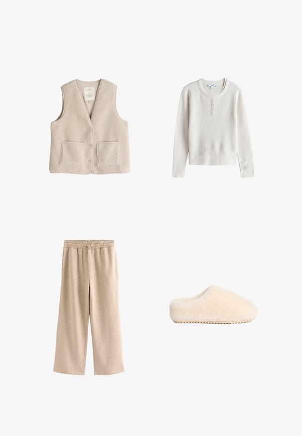Chaleco de forro polar en beige claro, con escote en V, tres botones y dos bolsillos frontales. Textura suave con un diseño acogedor y aislante.; Jersey de punto acanalado color crema de manga larga con cuello redondo y cinco pequeños botones en la tapeta delantera.; Pantalones beige de pierna ancha con cintura elástica y cordón, hechos de una tela suave y moteada.; Zapatillas de casa beige, suaves y esponjosas, con una suela plana sólida y una punta redondeada, que presentan un diseño sin costuras y una textura de felpa.