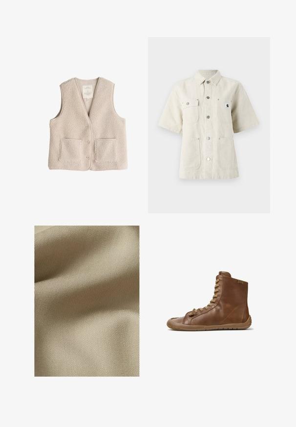 Fleece-Weste in hellem Beige, mit V-Ausschnitt, drei Knöpfen und zwei Fronttaschen. Weiche Textur mit einem kuscheligen, isolierenden Design.; Kurzarmhemd aus hellbeigem Stoff mit spitzem Kragen, Frontknöpfen, zwei Brusttaschen und einem kleinen Logo-Patch auf der linken Seite.; Beiger, strukturiertes Gewebe mit feinem, geripptem Muster. Das Material wirkt glatt mit einem subtilen Glanz und fällt sanft in Falten.; Brauner High-Top-Lederschuh mit beigen Schnürsenkeln und flexibler Gummisohle, von der Seite auf weißem Hintergrund betrachtet.