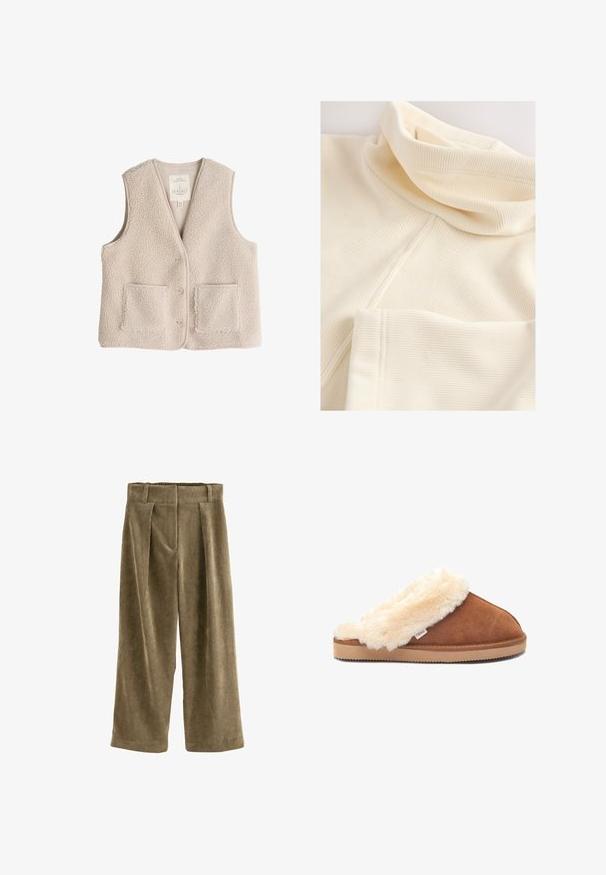 Chaleco de forro polar en beige claro, con escote en V, tres botones y dos bolsillos frontales. Textura suave con un diseño acogedor y aislante.; Suéter de canalé crema con un tacto suave. Presenta un cuello doblado y mangas con puños. Detalles de costura visibles en todo el suéter.; Pantalones de pana de pierna ancha en verde oliva. Presentan canalones verticales, cintura alta, pliegues frontales y un corte relajado. Textura suave en toda la prenda.; Zapatilla de ante marrón con un suave cuello de piel de crema y suela de goma clara, con una pequeña etiqueta de marca en el costado.