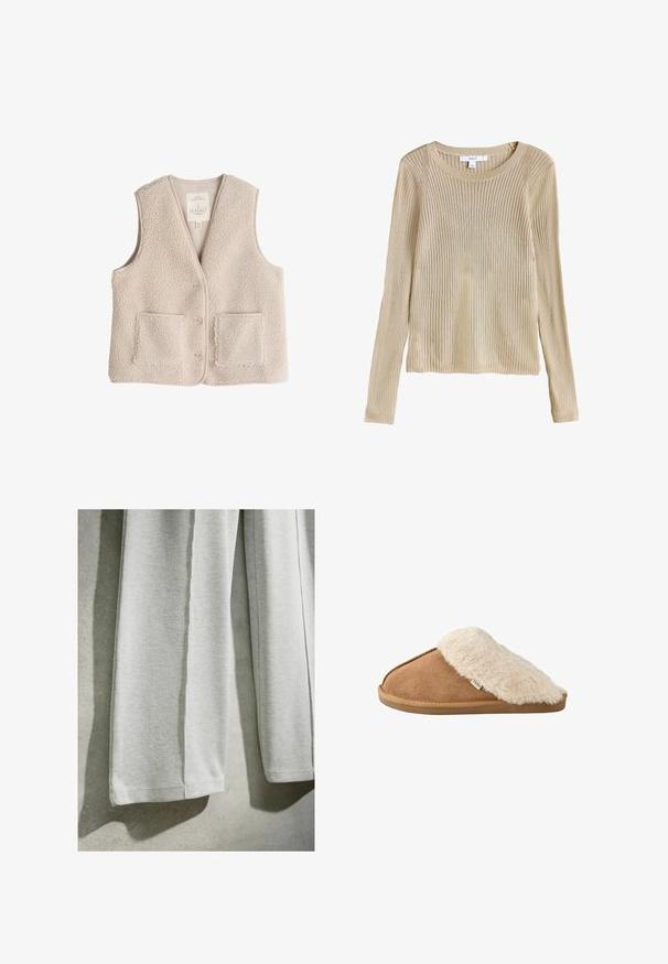 Fleecevest i lys beige, med v-udskæring, tre knapper og to forlommer. Blød tekstur med et hyggeligt, isolerende design.; Beige ribstrikket langærmet sweater med rund halsudskæring og slim fit, vist fladt med synligt mærke ved kraven.; Nærbillede af lyst gråt ribstrikket stof, der hænger, med lige kanter og blød tekstur mod en neutral baggrund.; Brun slip-on tøffel med blød beige imiteret pelsforing og sål, vist fra siden på hvid baggrund.
