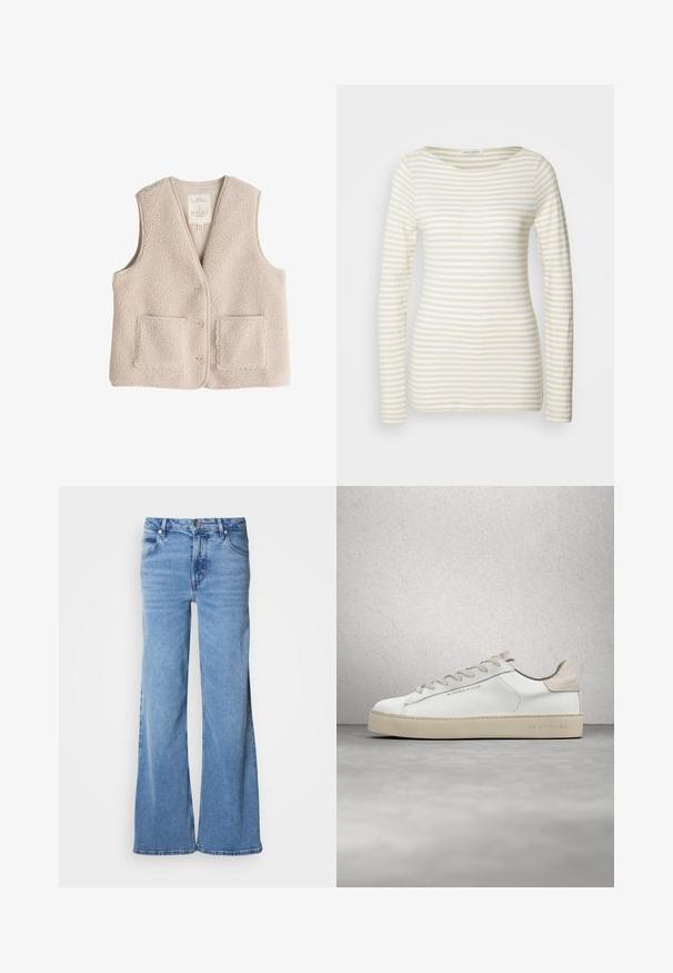 Fleece-Weste in hellem Beige, mit V-Ausschnitt, drei Knöpfen und zwei Fronttaschen. Weiche Textur mit einem kuscheligen, isolierenden Design.; Gestreiftes Langarmshirt aus einer Creme- und Beige-Baumwollmischung, mit rundem Halsausschnitt und figurnahem Schnitt. Weiche Textur mit dezenten Mustern.; Hellblaue Jeans mit weitem Bein aus Denim. Mit klassischem Fünf-Taschen-Design und sichtbarem Knopfverschluss. Weiche Textur und schlichter Abschluss.; Weiße Leder-Sneaker mit glatter Oberfläche, beigen Wildleder-Akzenten, runder Zehenpartie, flachem Schnürdesign und einer strukturierten Gummisohle.