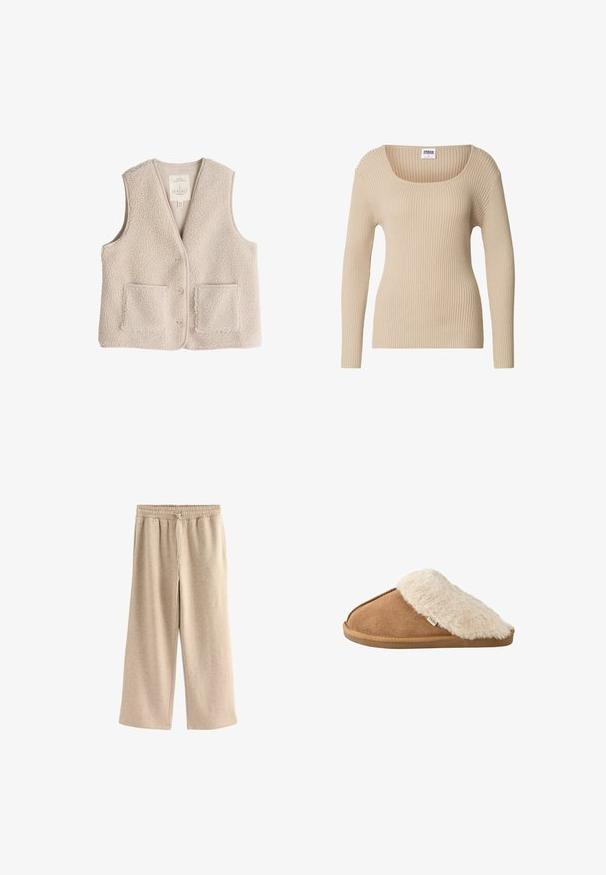 Fleece-Weste in hellem Beige, mit V-Ausschnitt, drei Knöpfen und zwei Fronttaschen. Weiche Textur mit einem kuscheligen, isolierenden Design.; Beiger gerippter Pullover mit quadratischem Ausschnitt und langen Ärmeln, gefertigt aus weichem, strukturiertem Stoff. Einfaches Design, geeignet zum Schichten.; Cremefarbene Schlaghosen aus einem weichen Baumwollmix. Sie verfügen über einen elastischen Bund mit Kordelzug und einer dezenten gesprenkelten Textur.; Brauner pantoffel zum Hineinschlüpfen mit weichem beigem Kunstpelzfutter und -sohle, Seitenansicht auf weißem Hintergrund.